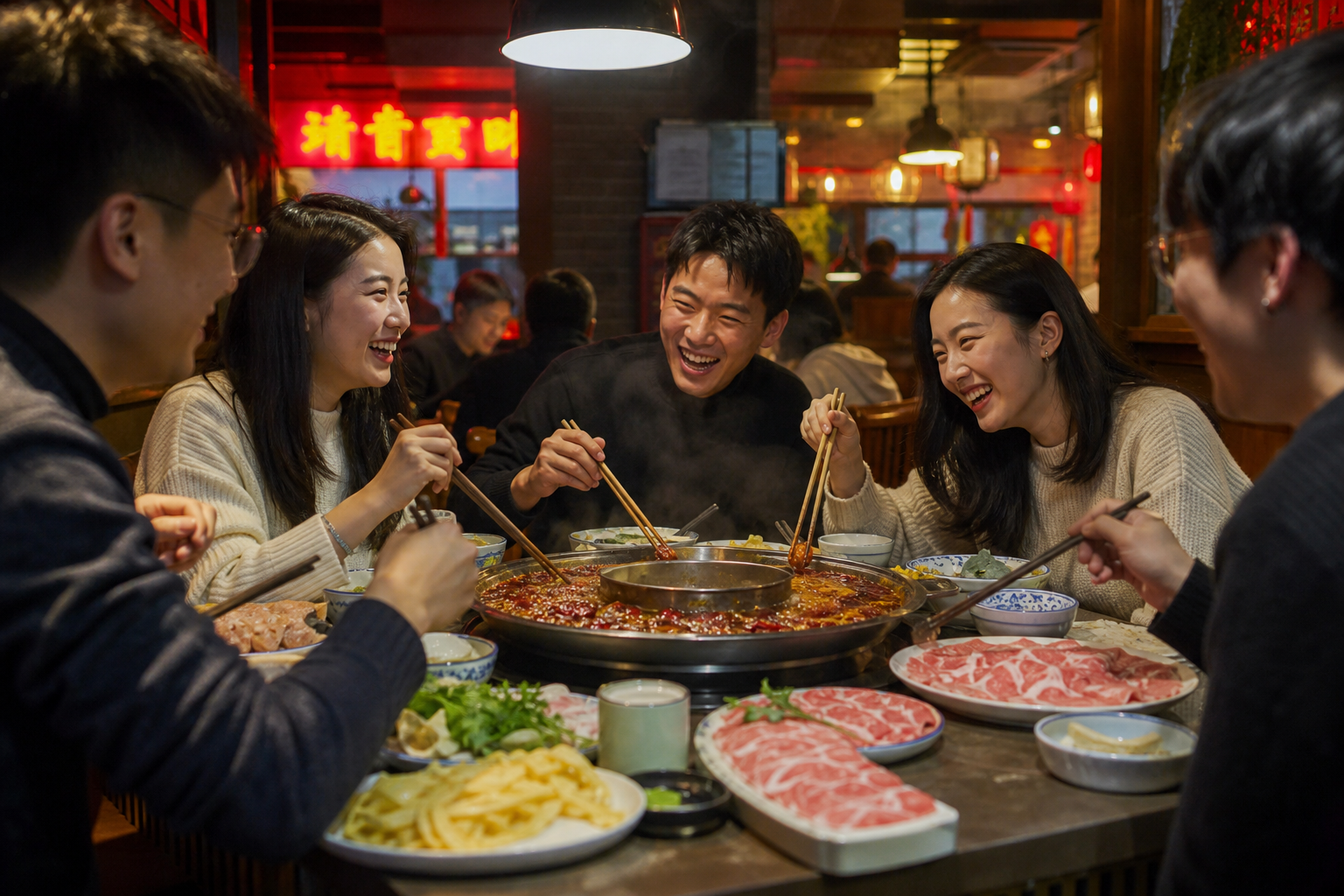 Une fondue chinoise — Autour du bouillon, on commande, on rit, on négocie — en chinois.